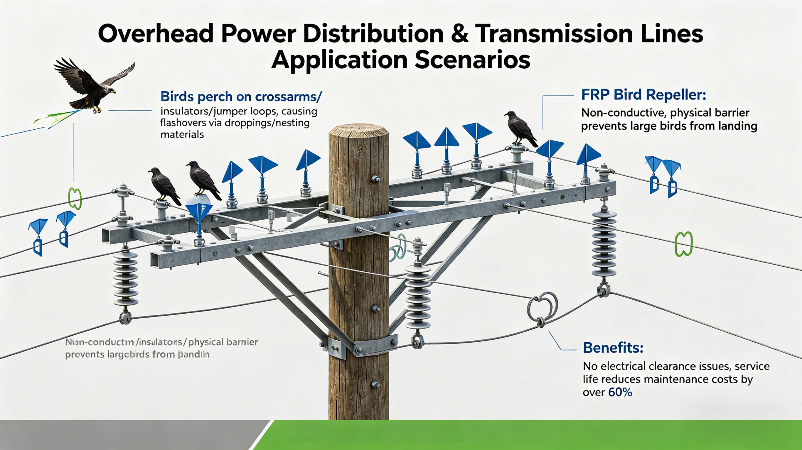 Desviador repelente de aves GFRP FRP de fibra de vidrio para líneas eléctricas y granjas solares FT-BR1